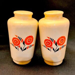 Universal Pottery Ohio Seminole Orange Black Floral 70s Art Deco Salt Pepper VTG